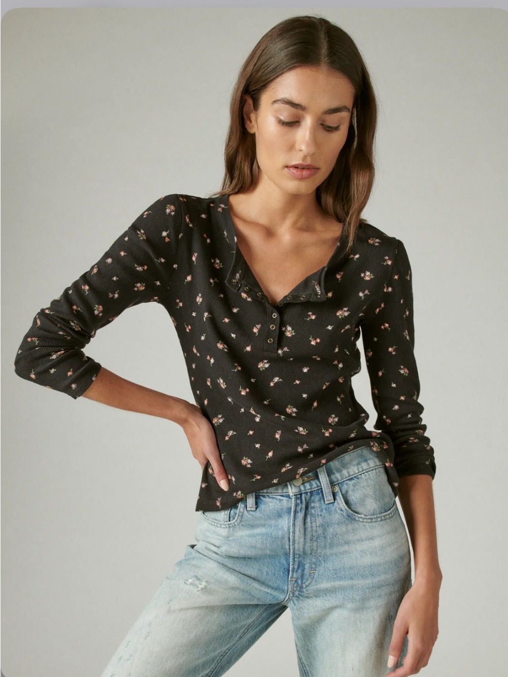 Lucky Brand Long Sleeve Floral Ribbed Snap Henley Size Large Color Blue